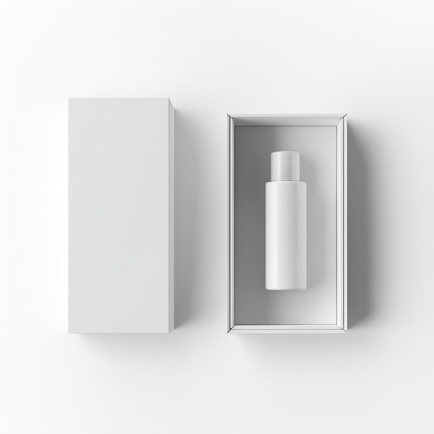 Minimal white box with a sleek bottle inside on a seamless white background