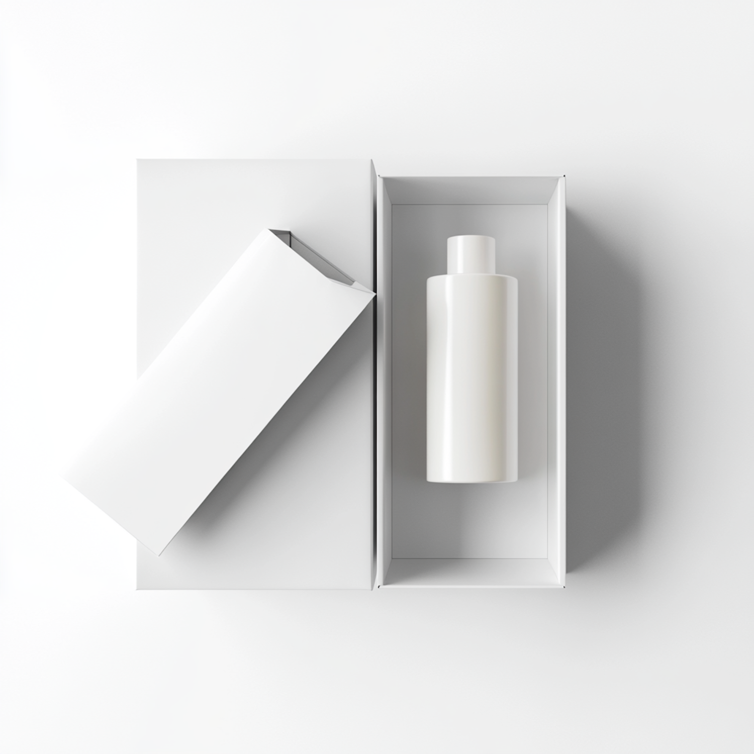 Minimal white carton with a sleek cylindrical bottle inside