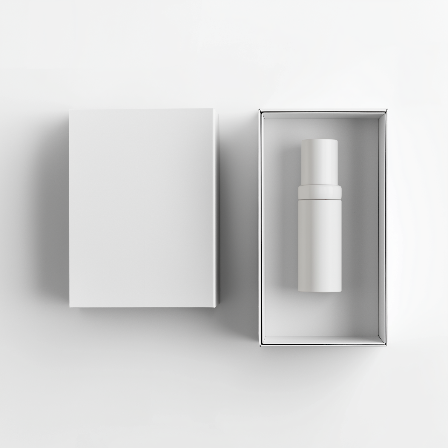 Minimal white carton holding a cylindrical bottle on a plain background