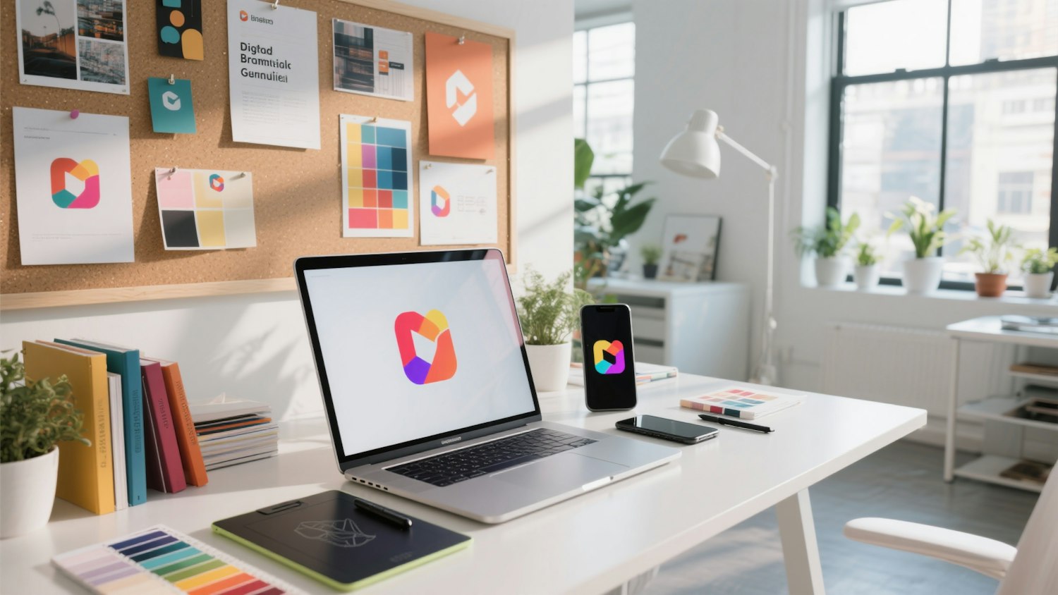 Bright workspace with a laptop, design tools and a corkboard of pinned materials