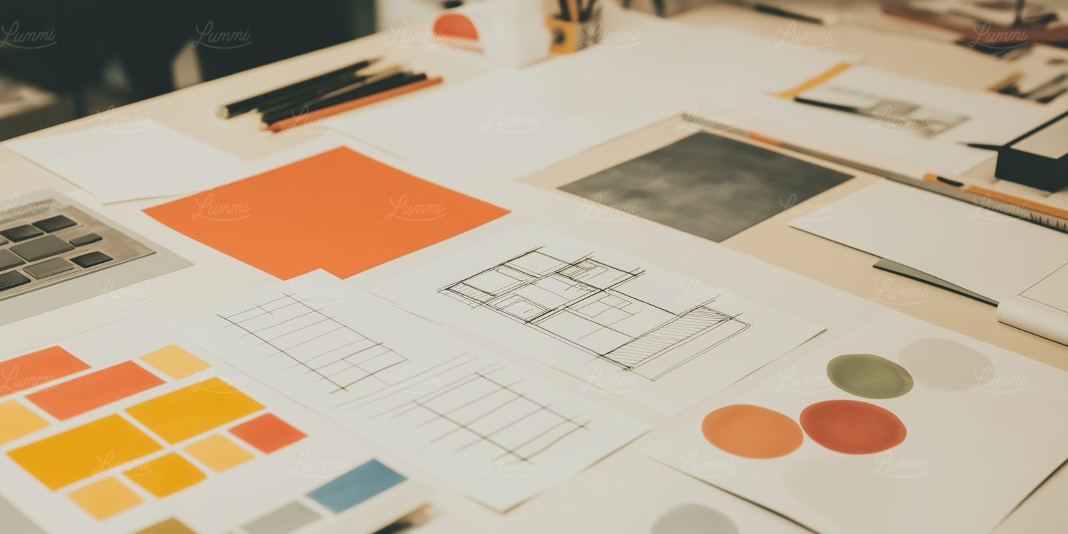 Architectural sketches and colour swatches spread across a designer’s workspace