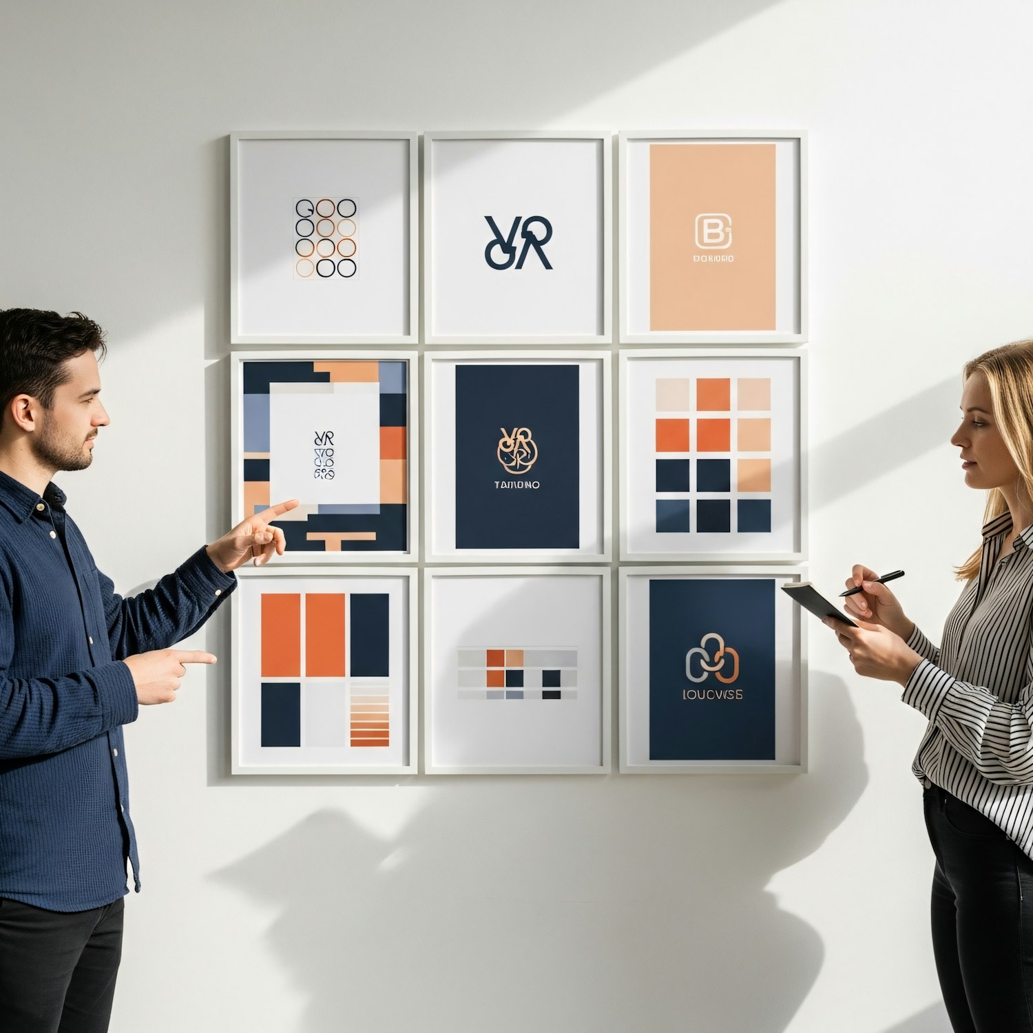 Two people discussing graphic designs and logos pinned to a studio wall