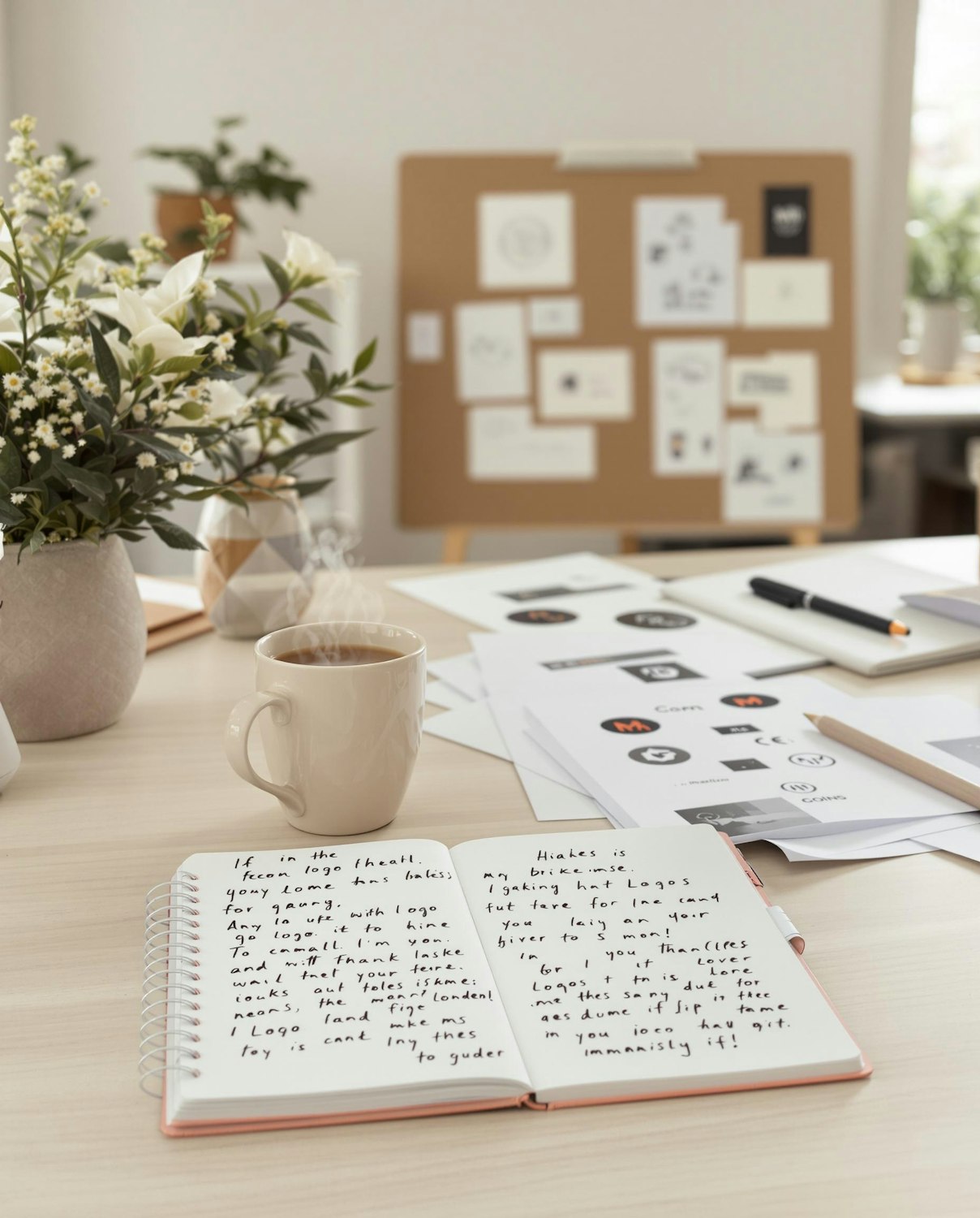 Creative desk with a notebook, coffee and sketches in front of a corkboard of pinned ideas