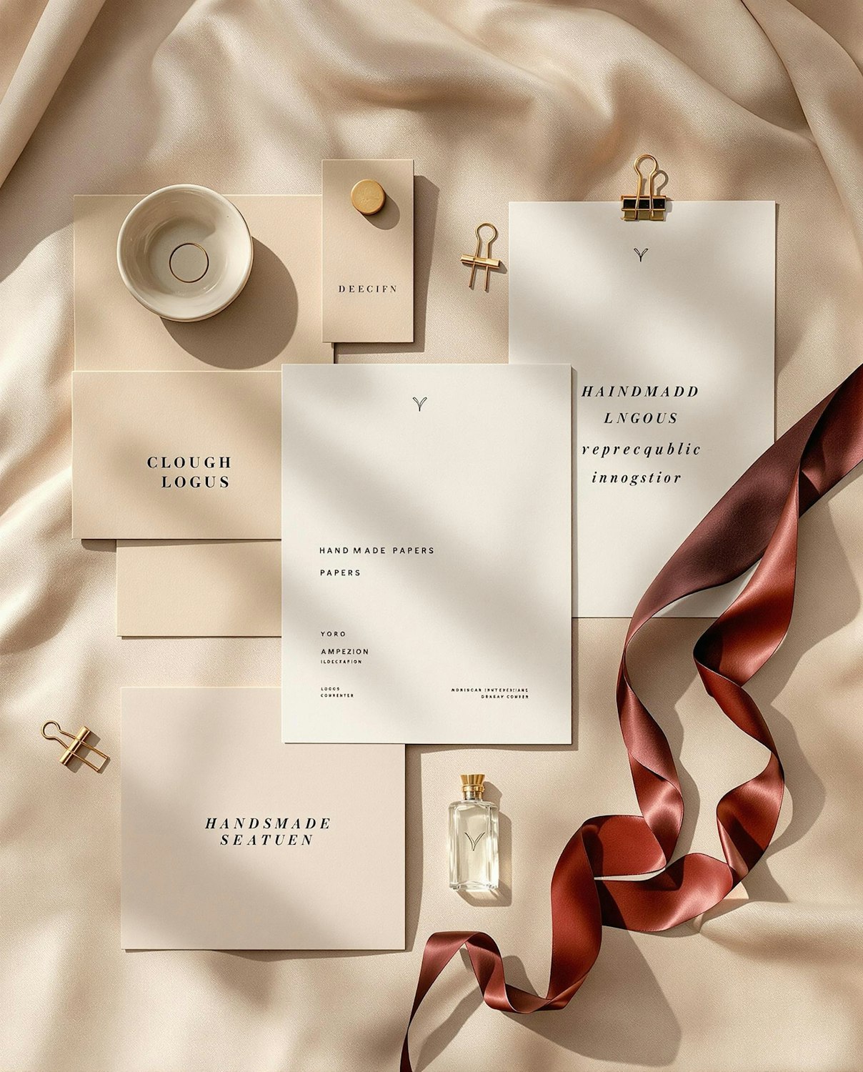 Flat lay of minimalist stationery and a perfume bottle with a burgundy ribbon on beige satin