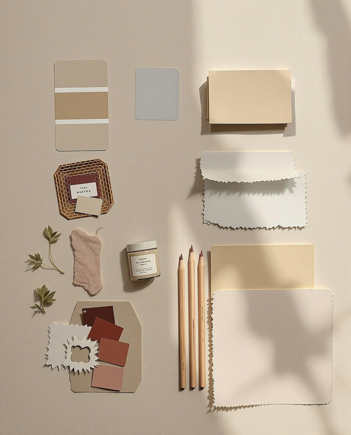 Flat lay of neutral stationery, colour swatches and pencils on a beige background