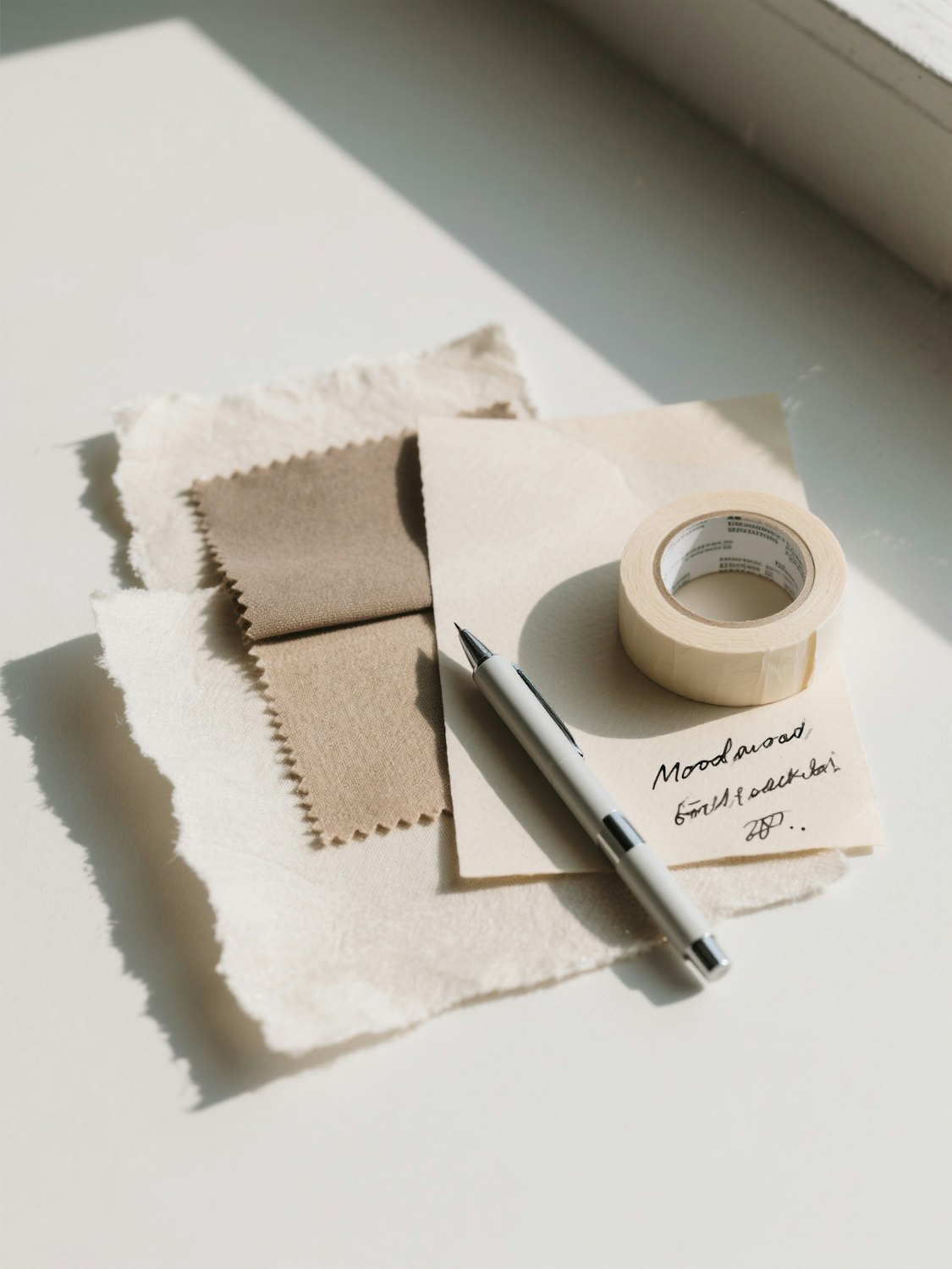 Neutral flat lay of fabric swatches, a pen, masking tape and handwritten notes