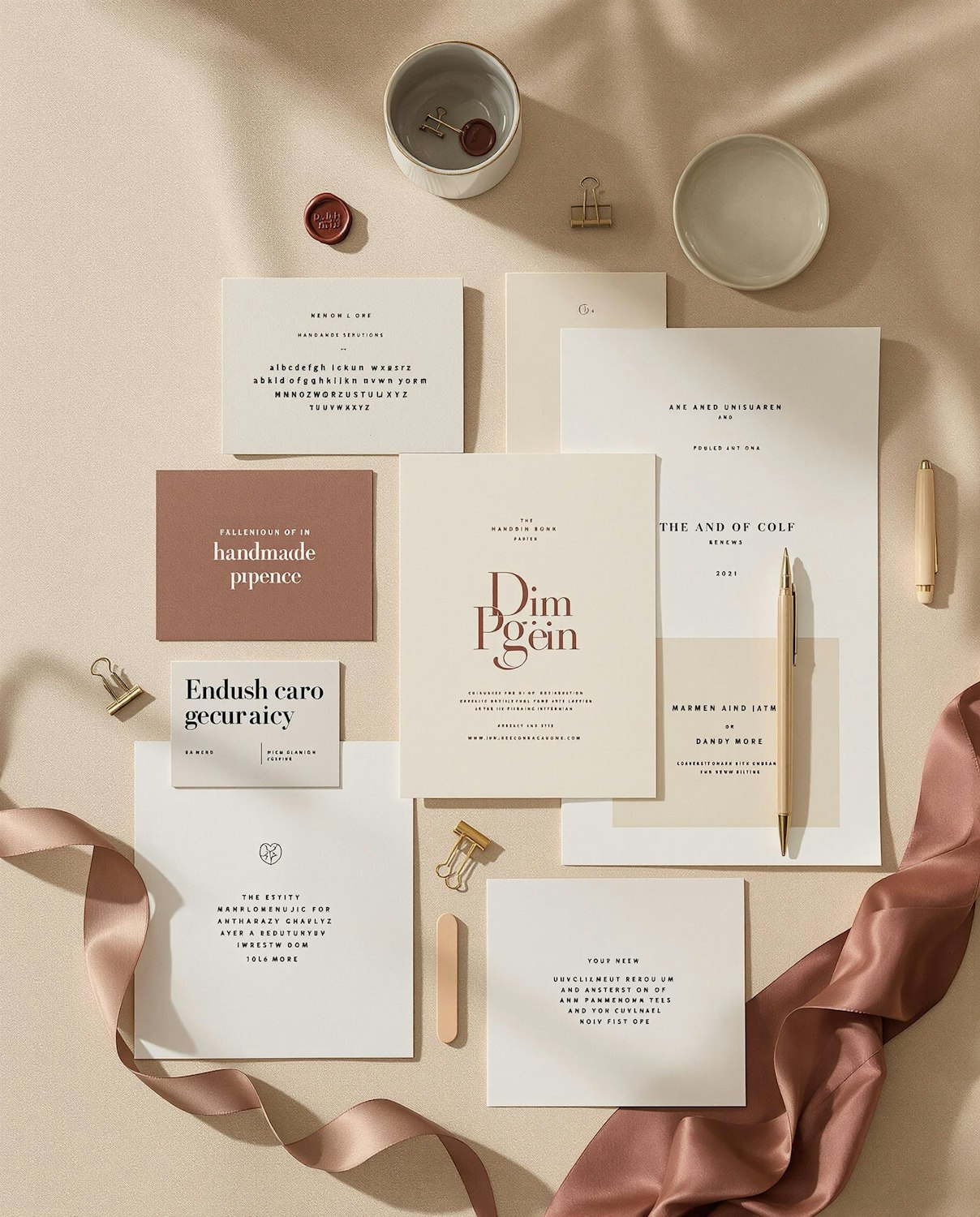 Flat lay of minimal stationery with a wax seal and a soft pink ribbon on a beige surface