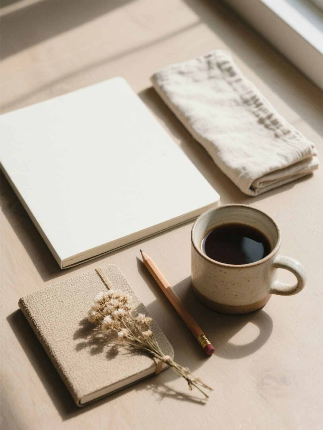 Minimal flat lay of a coffee mug, a notebook, a pencil and dried flowers on a wooden table
