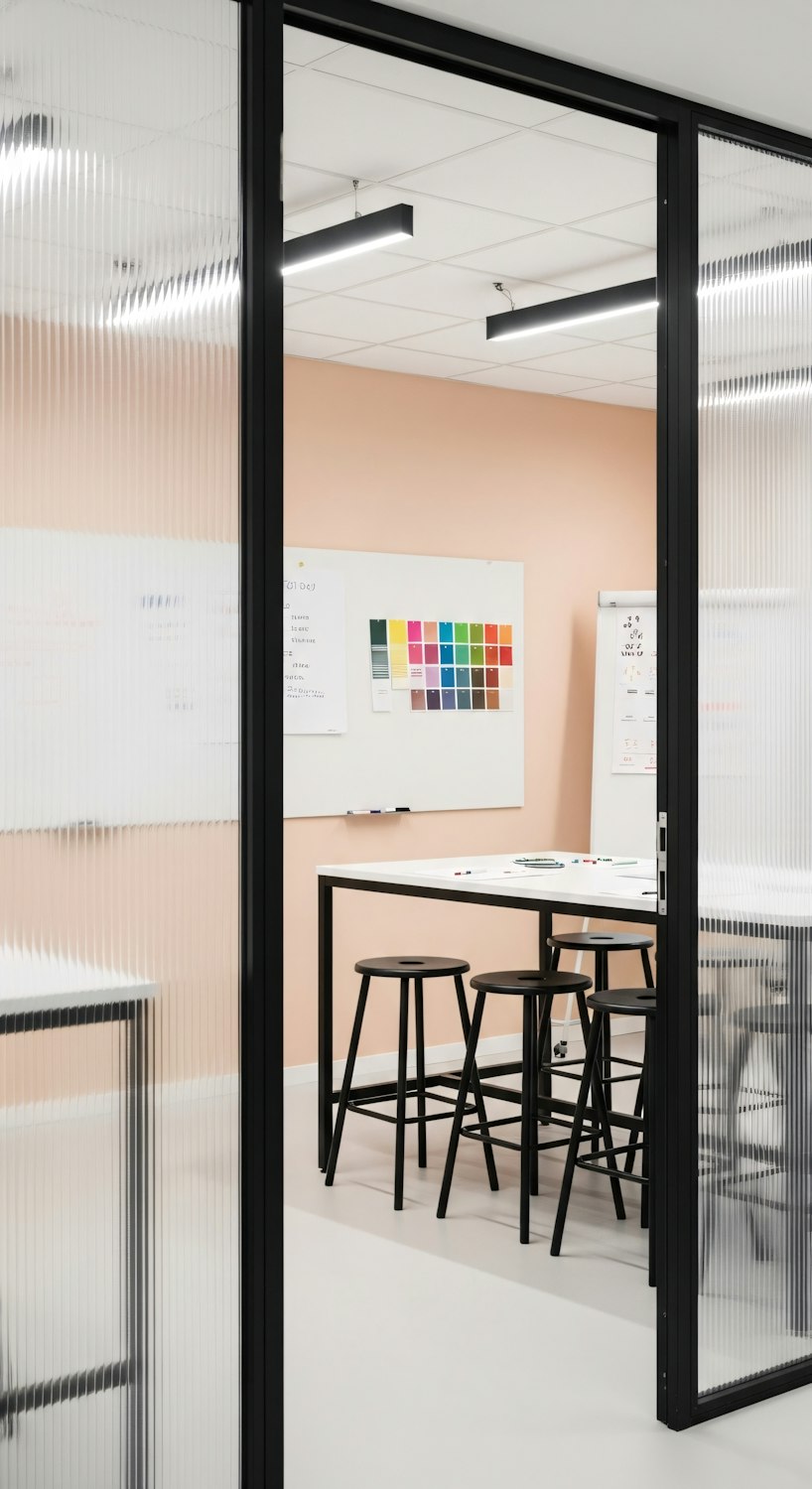 Modern studio with a peach wall, black stools and a whiteboard covered in colour swatches