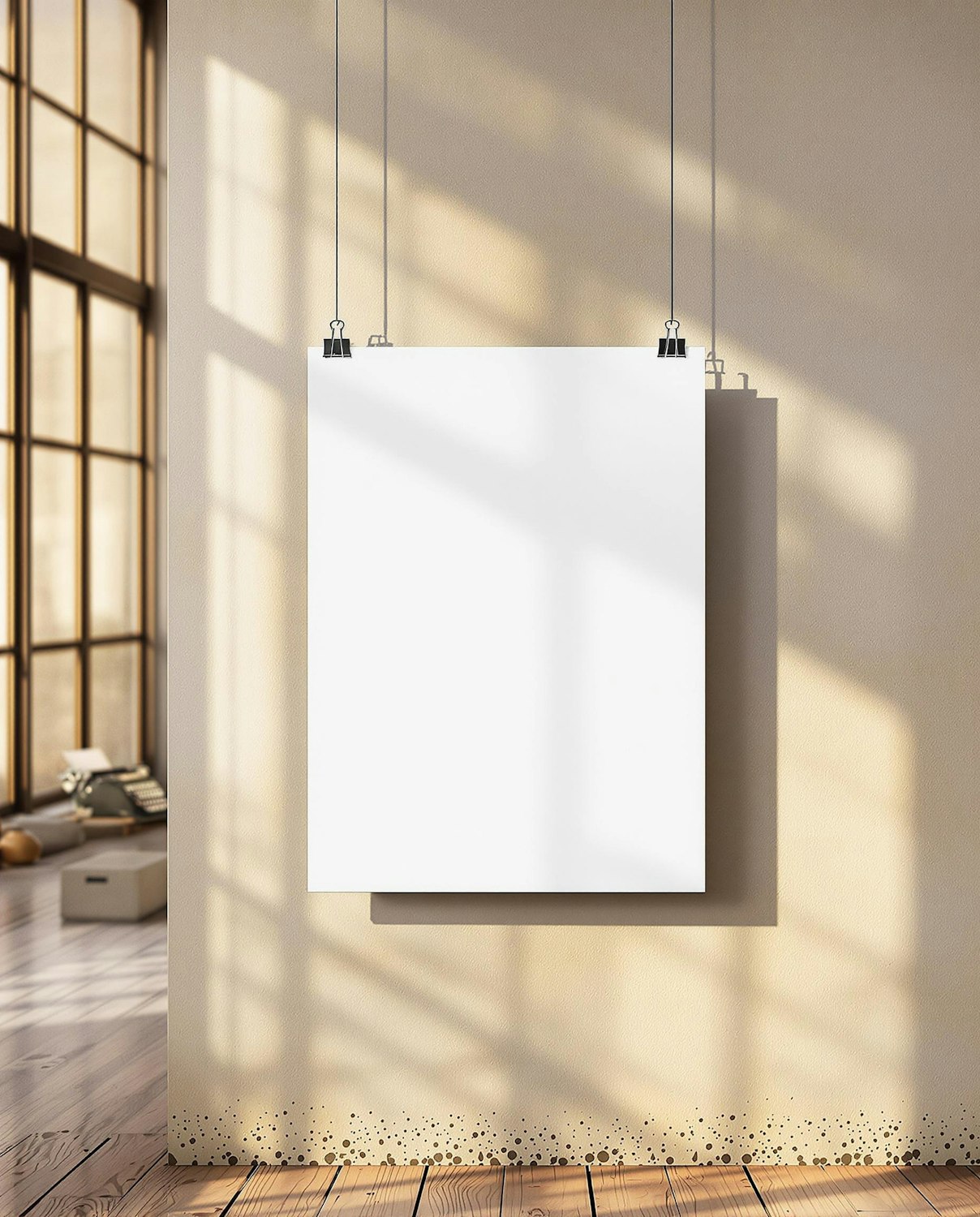 Large blank poster leaning against the wall of a sunlit room with wooden floors