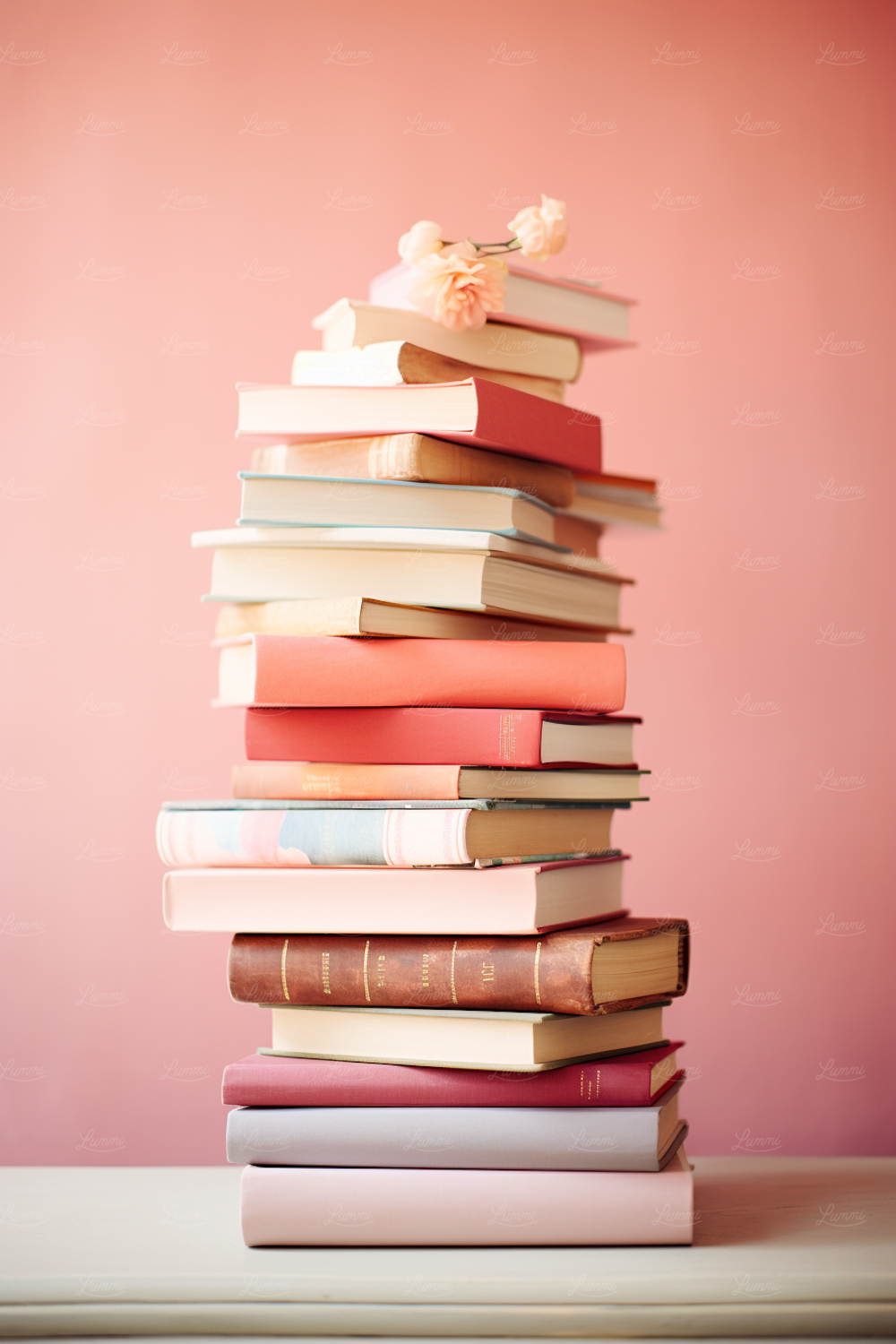 Stack of pastel and warm-toned books topped with pink flowers