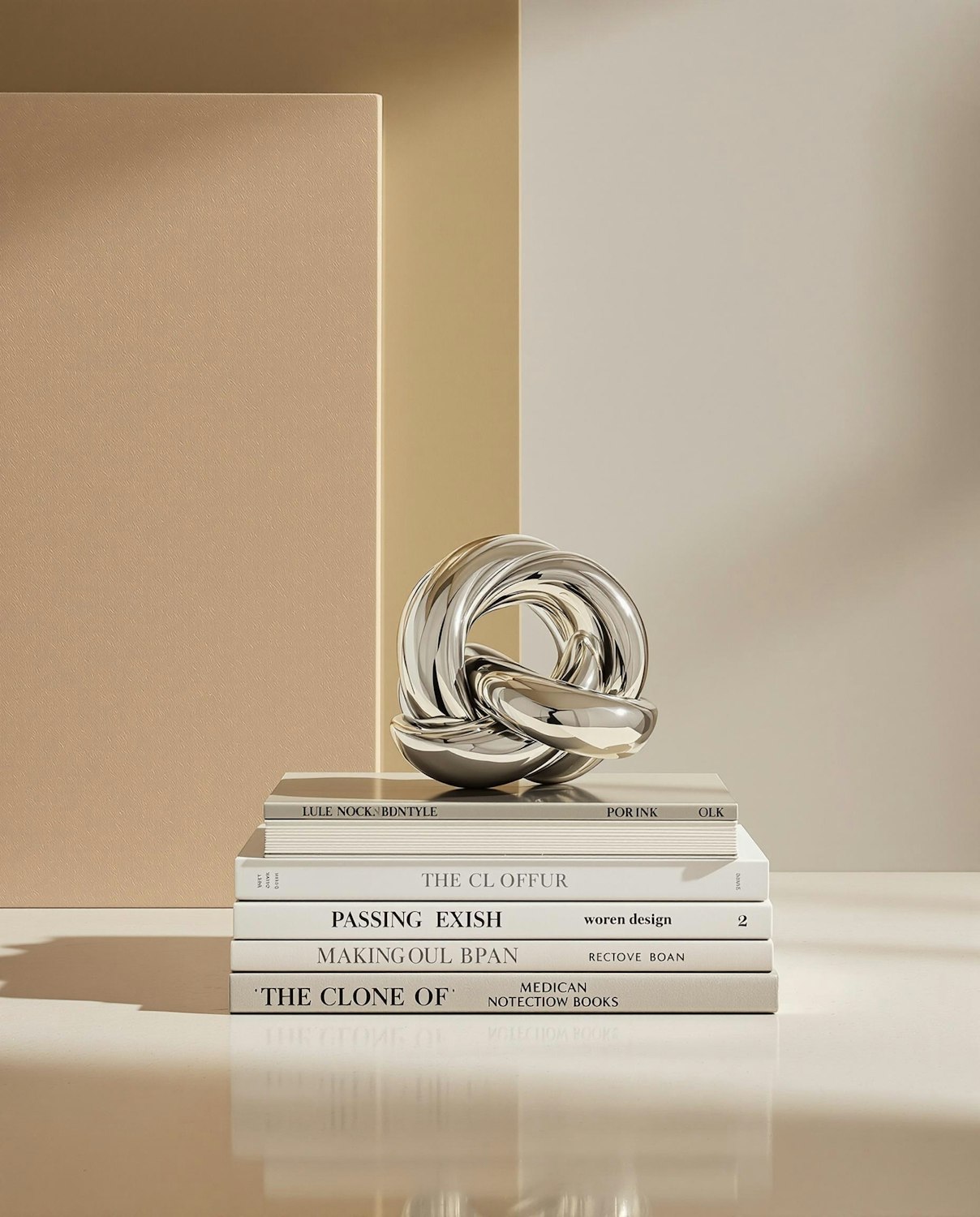 Stack of neutral-toned books with a polished metal knot sculpture on top