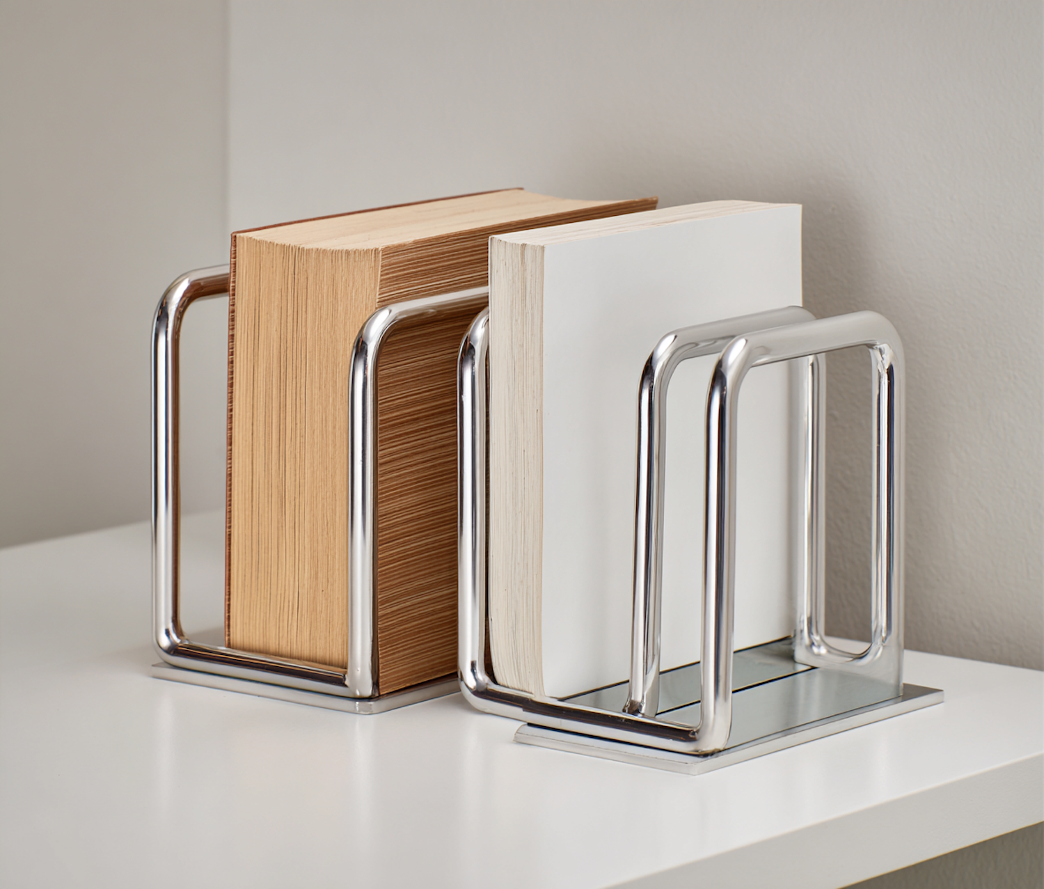 Chrome bookends holding two books on a white surface
