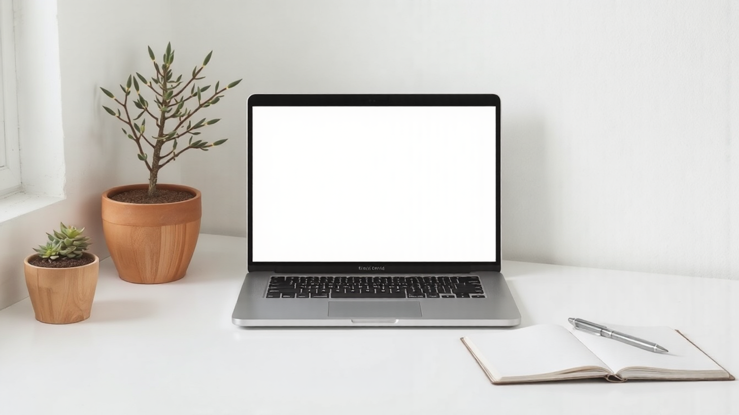 Laptop, potted plants, an open notebook and a pen on a clean white desk