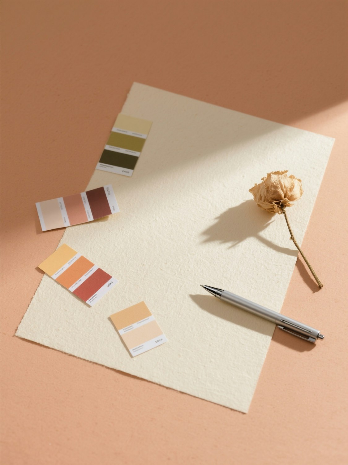 Flat lay of colour swatches, a dried flower and a pen on textured paper