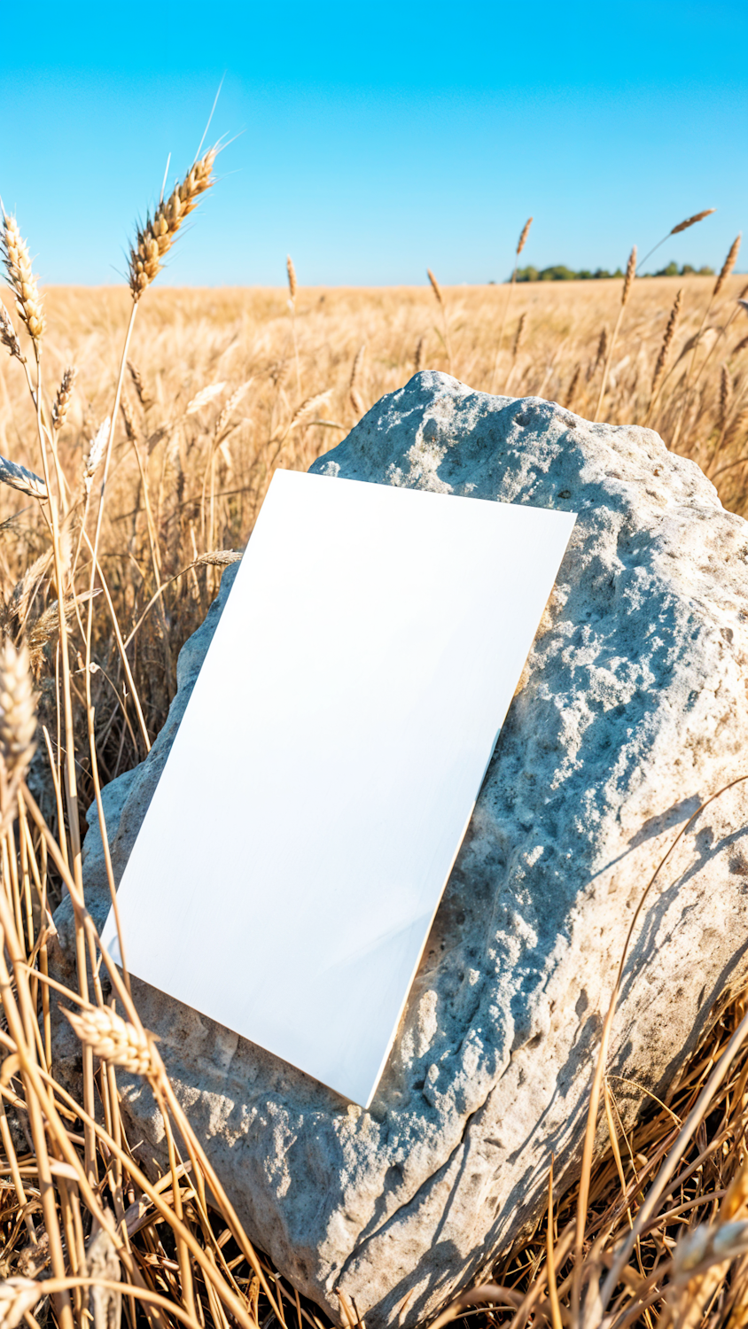 Blank white paper resting on a rock in a golden wheat field under a blue sky