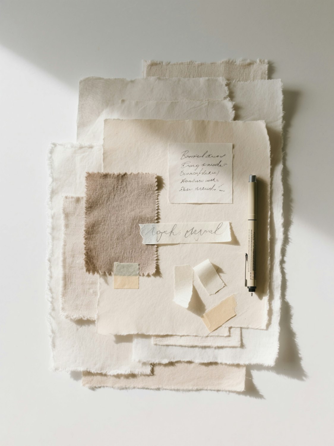 Flat lay of neutral papers and fabrics with a pen and handwritten notes
