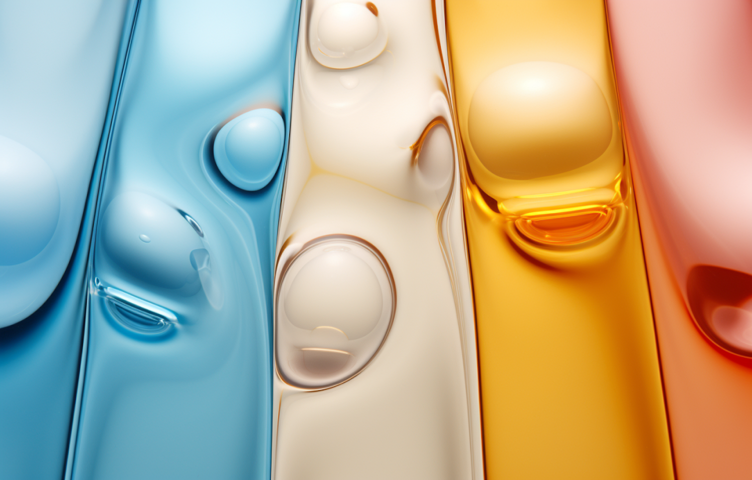 Glossy abstract shapes flowing in blue, white, yellow and orange