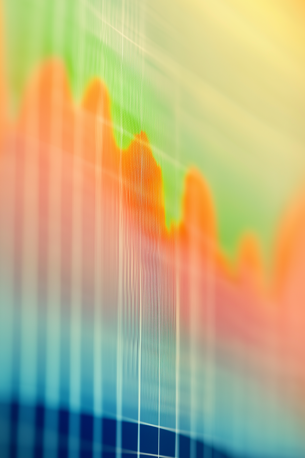 Abstract green, orange and blue gradient with grid lines and wave patterns